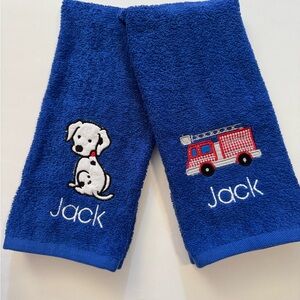 Personalized Blue Kids Hand Towel Set with Embroidered Firetruck and Dalmation